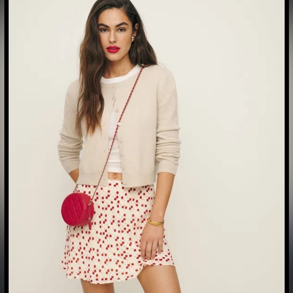 Reformation Cream Mini Skirt with Red Cherry Print